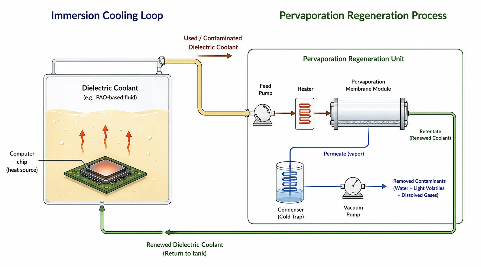 Schematic of an immersion cooling loop coupled to a pervaporation regeneration unit. Used dielectric coolant leaves the tank holding the computer chip, is pumped through a heater into a pervaporation membrane module, and splits into a permeate vapor stream carrying water, light volatiles, and dissolved gases to a condenser and vacuum pump, and a retentate stream of renewed coolant that returns to the tank.
